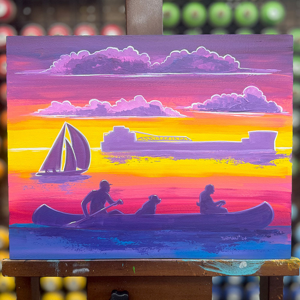 a painting of a man and a dog in a boat - Minnesota Artist