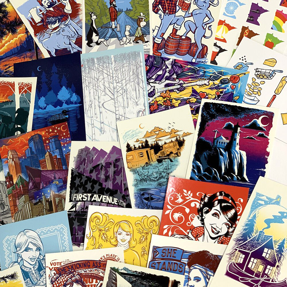 Postcards, blankets, pillows, playing cards, stickers printed artwork - a collection of colorful cards