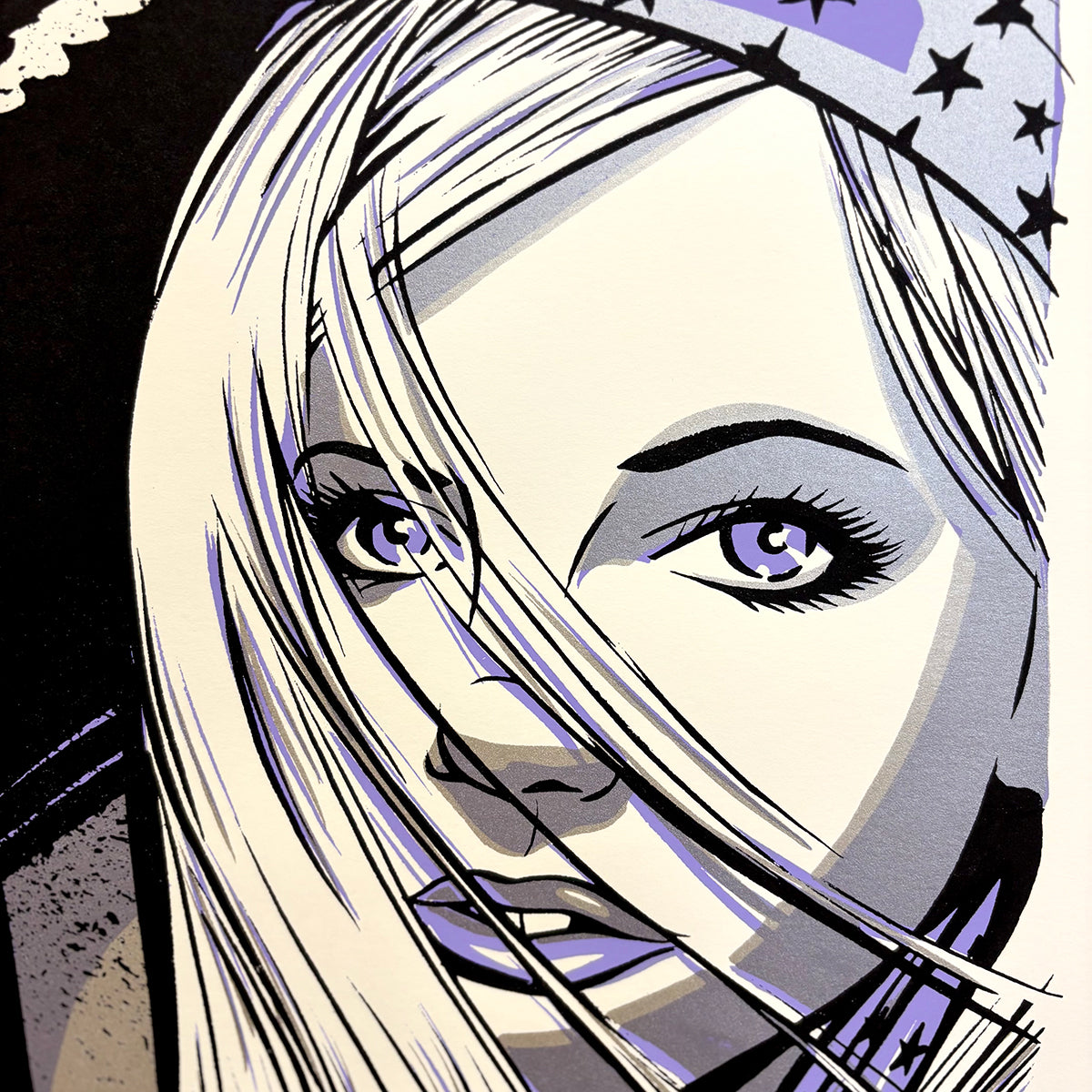 First Ave Girl screen print - black, white and purple pop art portrait