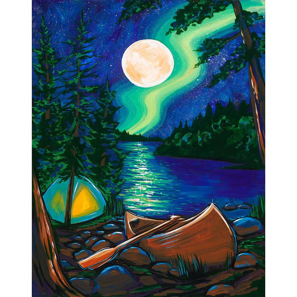 Northern Lights, Camping, Canoe "Sparkle" - Painting and Prints by MN Artist Adam Turman