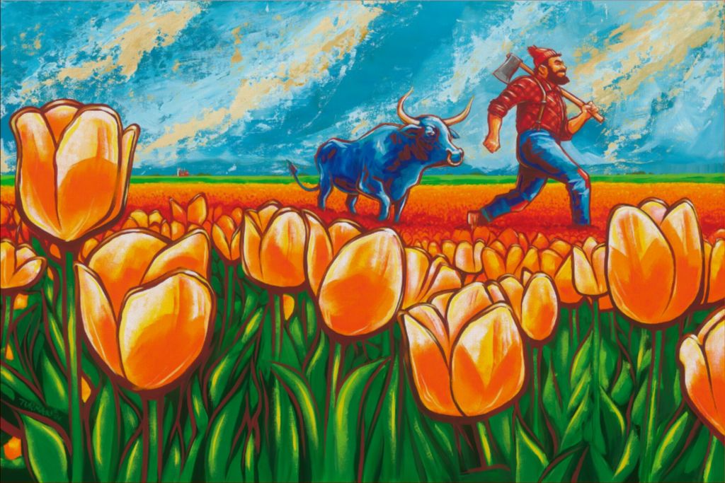 a painting of a man and a cow in a field of tulips - Minnesota Artist