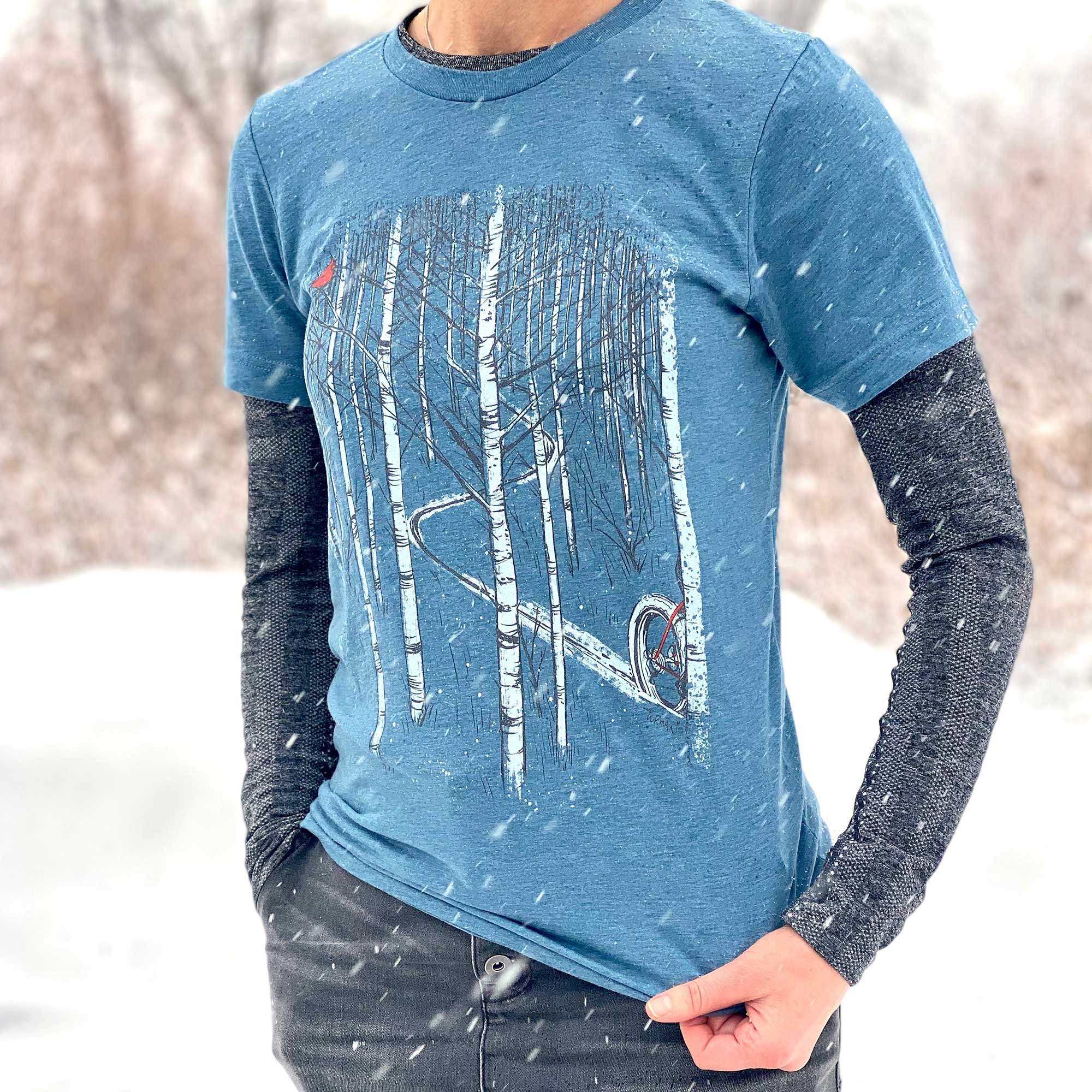 Cardinal - Fat Bike in the Snow with Birch Trees T-Shirt by Adam
